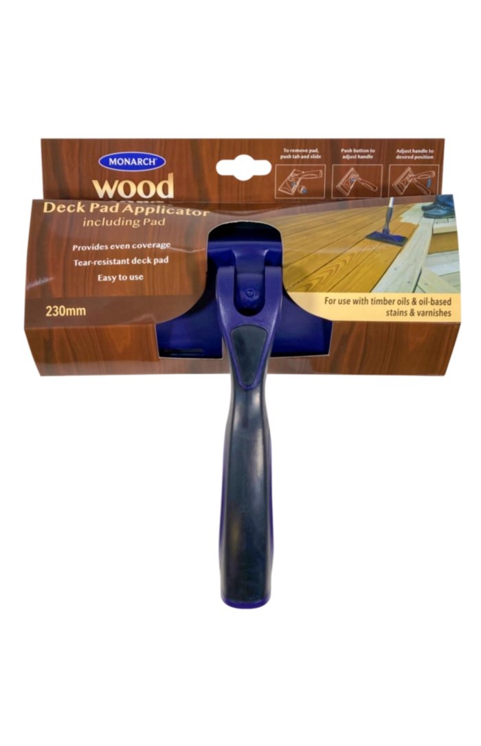 MONARCH Woodcare Deck Pad Applicator The Monarch Woodcare Deck Pad Applicator is the perfect tool for applying stains and varnishes to your deck. The deck pad has been designed to provide a smooth, even finish. The adjustable handle and pole adaptor allow the deck pad applicator to be used in any angle or height. Available in 230mm to get the job done faster.