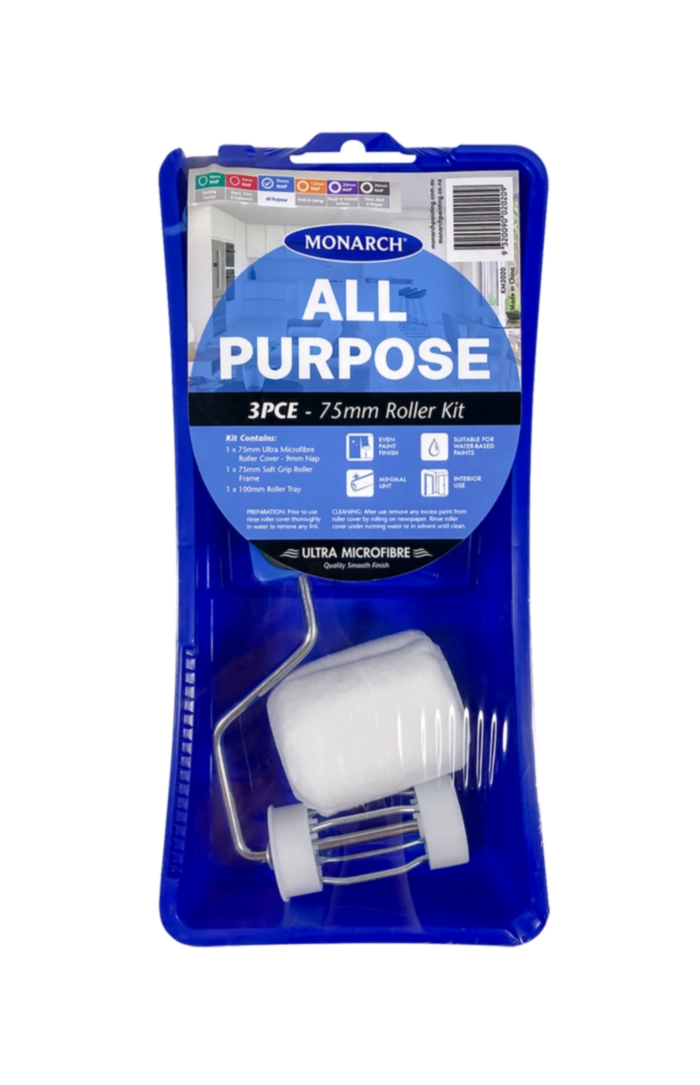 MONARCH 75mm All Purpose Roller Kit - 3PCE The Monarch All Purpose Roller Kits range features a premium quality, ultra microfibre 9mm nap roller cover. The ultimate all-rounder, the kits are ideal for painting all interior surfaces and will provide a quality smooth and even paint finish. Kit includes: 1 x 75mm Ultra Microfibre Roller Cover - 9mm nap 1 x 75mm Soft Grip Roller Frame 1 x 100mm Roller Tray