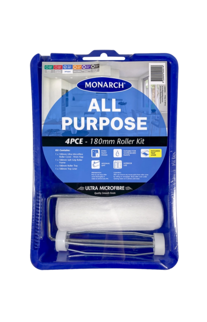 MONARCH All Purpose Roller Kits - 4PCE The Monarch All Purpose Roller Kits range features a premium quality, ultra microfibre 9mm nap roller cover. The ultimate all-rounder, the kits are ideal for painting all interior surfaces and will provide a quality smooth and even paint finish. Each kit includes: 1 x Ultra Microfibre Roller Cover - 9mm nap 1 x Soft Grip Roller Frame 1 x Roller Tray 1 x Tray Liner