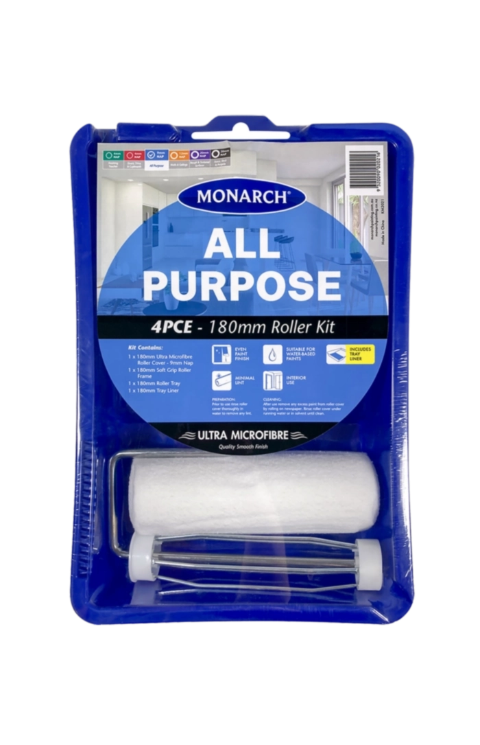 MONARCH All Purpose Roller Kits - 4PCE The Monarch All Purpose Roller Kits range features a premium quality, ultra microfibre 9mm nap roller cover. The ultimate all-rounder, the kits are ideal for painting all interior surfaces and will provide a quality smooth and even paint finish. Each kit includes: 1 x Ultra Microfibre Roller Cover - 9mm nap 1 x Soft Grip Roller Frame 1 x Roller Tray 1 x Tray Liner