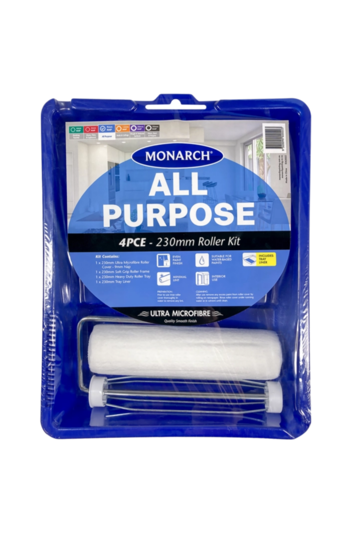 MONARCH All Purpose Roller Kits - 4PCE The Monarch All Purpose Roller Kits range features a premium quality, ultra microfibre 9mm nap roller cover. The ultimate all-rounder, the kits are ideal for painting all interior surfaces and will provide a quality smooth and even paint finish. Each kit includes: 1 x Ultra Microfibre Roller Cover - 9mm nap 1 x Soft Grip Roller Frame 1 x Roller Tray 1 x Tray Liner