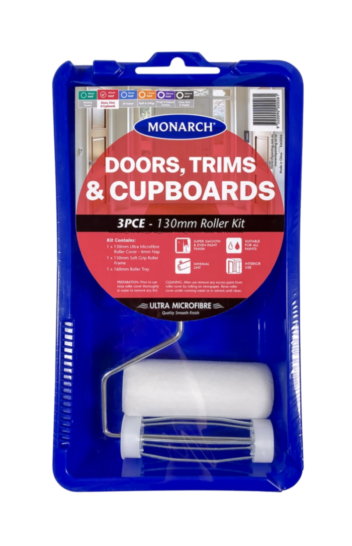 MONARCH Doors, Trims & Cupboards Roller Kit - 3PCE The Monarch Doors, Trims & Cupboards Roller Kits features a premium quality, ultra microfibre 4mm nap roller cover. This is the perfect roller cover when you're wanting to achieve a gloss or semi-gloss effect on doors, trims or cupboards, while also providing a super smooth and even paint finish. Kit includes: 1 x 130mm Ultra Microfibre Roller Cover - 4mm nap 1 x 130mm Soft Grip Roller Frame 1 x 160mm Roller Tray