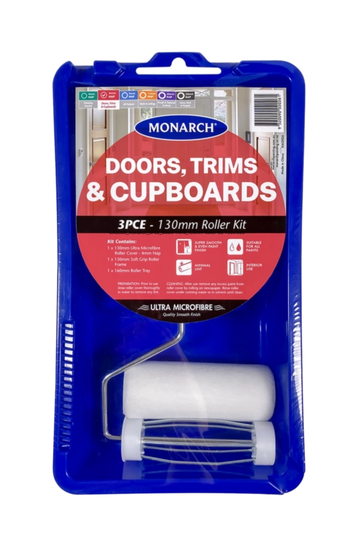 MONARCH Doors, Trims & Cupboards Roller Kit - 3PCE The Monarch Doors, Trims & Cupboards Roller Kits features a premium quality, ultra microfibre 4mm nap roller cover. This is the perfect roller cover when you're wanting to achieve a gloss or semi-gloss effect on doors, trims or cupboards, while also providing a super smooth and even paint finish. Kit includes: 1 x 130mm Ultra Microfibre Roller Cover - 4mm nap 1 x 130mm Soft Grip Roller Frame 1 x 160mm Roller Tray