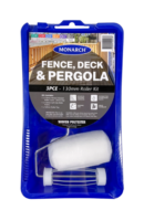 MONARCH Fence, Deck & Pergola Roller Kit - 3PCE The Monarch Fence, Deck and Pergola Roller Kit has been designed for rough & exterior surfaces. The kit includes a quality 20mm nap woven polyester roller cover that provides maximum coverage to get your outdoor painting project done faster. Kit includes: 1 x 130mm Woven Polyester Roller Cover - 20mm nap 1 x 130mm Soft Grip Roller Frame 1 x 160mm Roller Tray