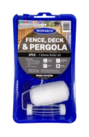 MONARCH Fence, Deck & Pergola Roller Kit - 3PCE The Monarch Fence, Deck and Pergola Roller Kit has been designed for rough & exterior surfaces. The kit includes a quality 20mm nap woven polyester roller cover that provides maximum coverage to get your outdoor painting project done faster. Kit includes: 1 x 130mm Woven Polyester Roller Cover - 20mm nap 1 x 130mm Soft Grip Roller Frame 1 x 160mm Roller Tray