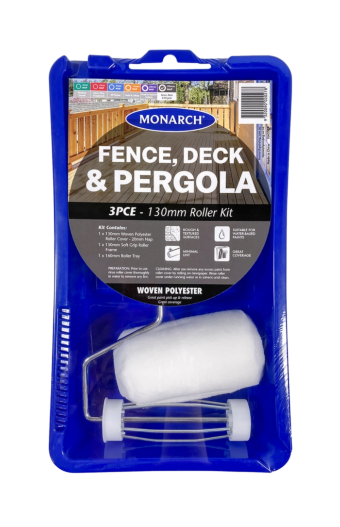 MONARCH Fence, Deck & Pergola Roller Kit - 3PCE The Monarch Fence, Deck and Pergola Roller Kit has been designed for rough & exterior surfaces. The kit includes a quality 20mm nap woven polyester roller cover that provides maximum coverage to get your outdoor painting project done faster. Kit includes: 1 x 130mm Woven Polyester Roller Cover - 20mm nap 1 x 130mm Soft Grip Roller Frame 1 x 160mm Roller Tray