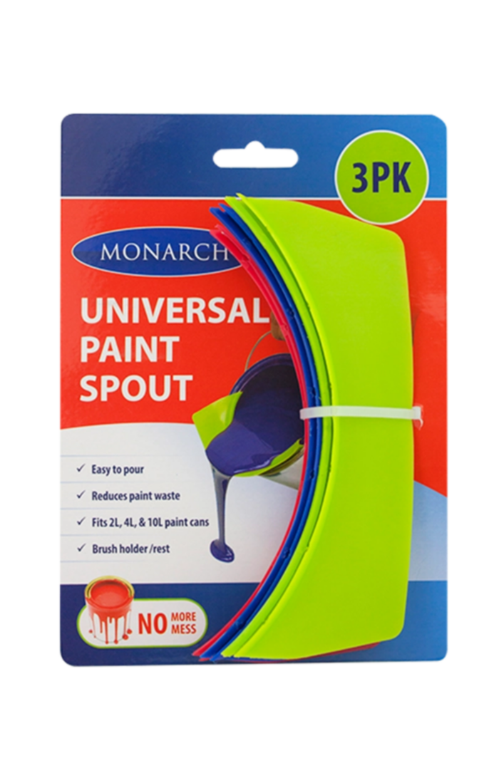 MONARCH Universal Paint Spouts Monarch Universal Paint Spouts make pouring paint from the tin clean and easy. Simply attach to the lip of the paint can to assist when pouring to keep the tin edge clean. Comes in a handy 3 pack, fits all standard 2, 4 and 10 litre paint cans.