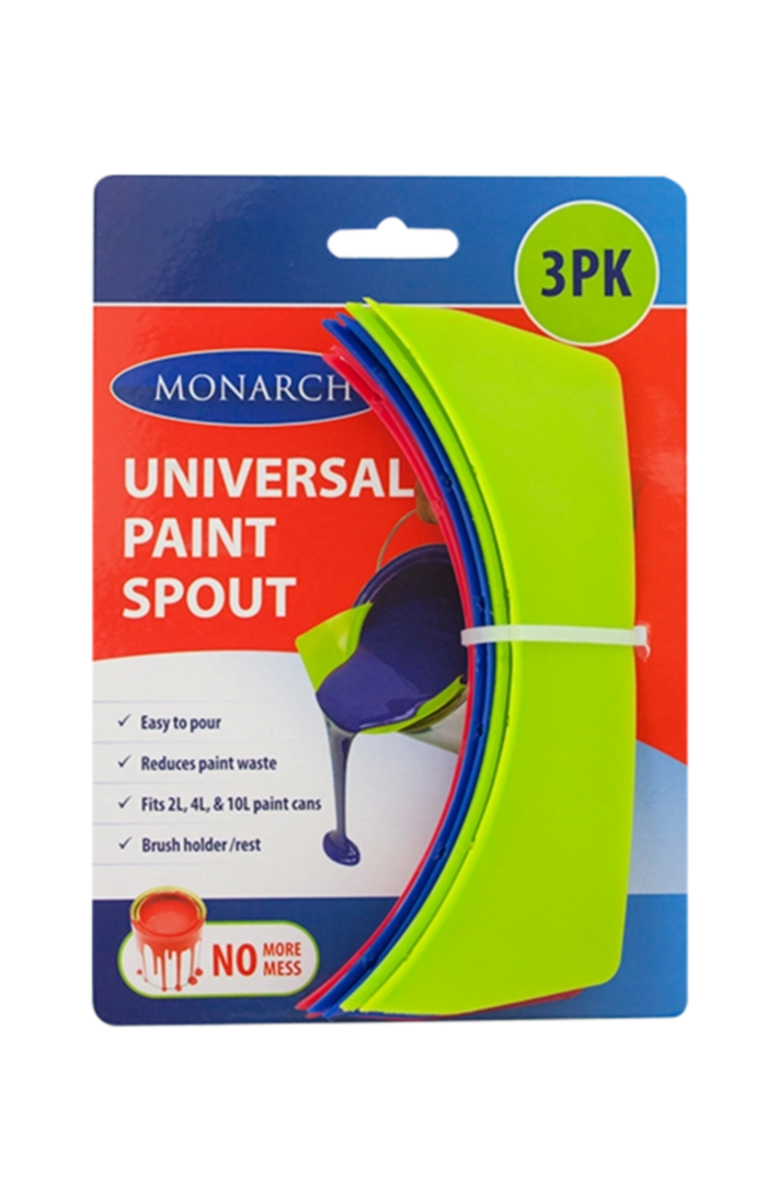 MONARCH Universal Paint Spouts Monarch Universal Paint Spouts make pouring paint from the tin clean and easy. Simply attach to the lip of the paint can to assist when pouring to keep the tin edge clean. Comes in a handy 3 pack, fits all standard 2, 4 and 10 litre paint cans.
