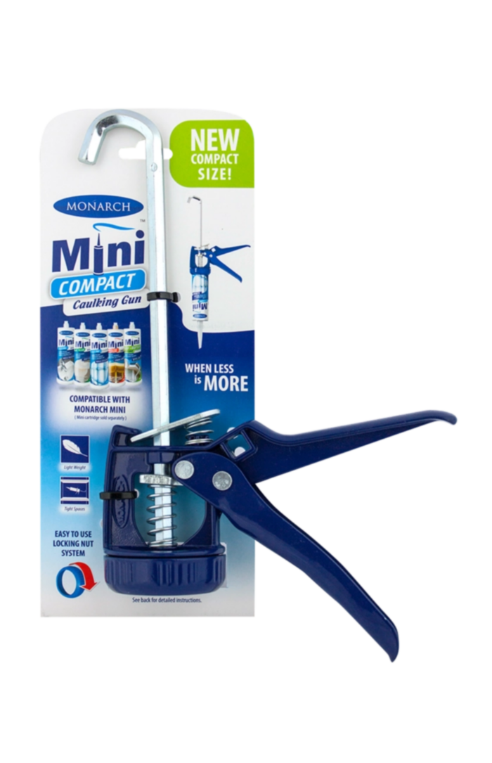 MONARCH Mini Mini Compact Caulking Gun The Monarch Mini Compact Caulking Gun is in innovative lightweight, compact and simple to use caulking gun. The quick connecting locking nut design simply slides over a mini-cartridge to attach to the gun. It’s the perfect tool for working in tight and hard to reach spaces.