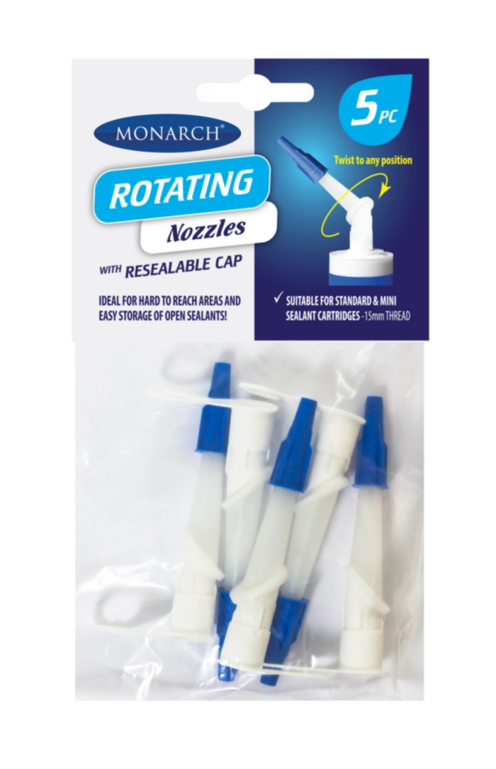 MONARCH Rotating Nozzles - 5PK Monarch Rotating Nozzles are innovative sealant nozzles that fit both mini and standard size sealant cartridges with a 15mm thread. The nozzle includes a unique feature for accessing tight and difficult spaces by the tip of the nozzle rotating a full 360 degrees, so it can be twisted into any position to direct sealant or adhesive to the area required.