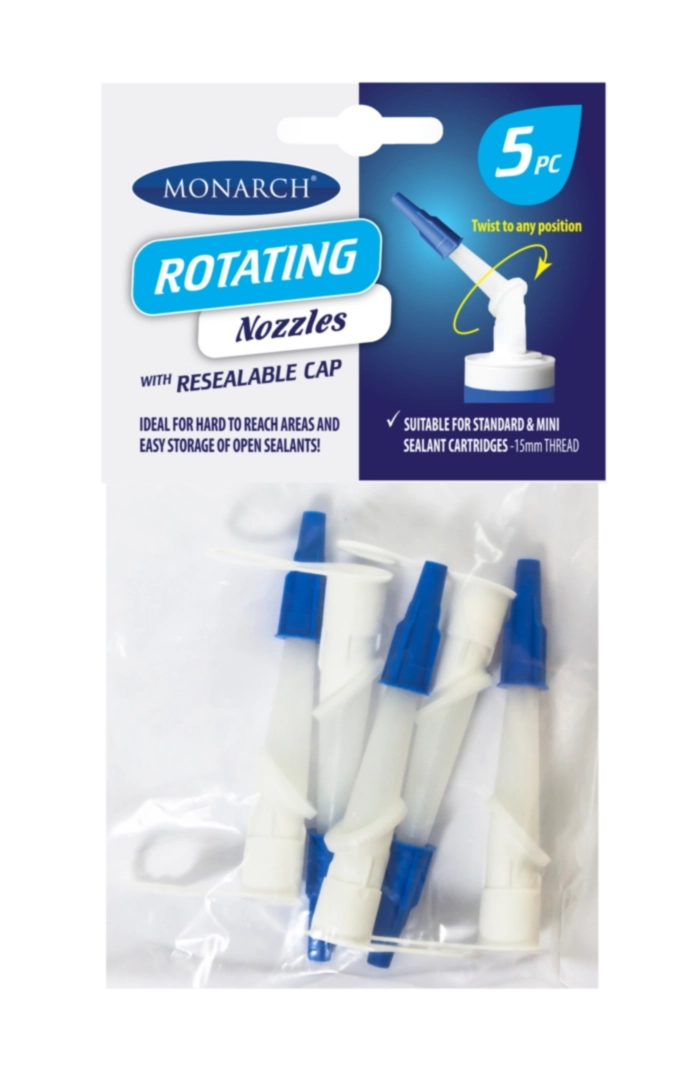 MONARCH Rotating Nozzles - 5PK Monarch Rotating Nozzles are innovative sealant nozzles that fit both mini and standard size sealant cartridges with a 15mm thread. The nozzle includes a unique feature for accessing tight and difficult spaces by the tip of the nozzle rotating a full 360 degrees, so it can be twisted into any position to direct sealant or adhesive to the area required.