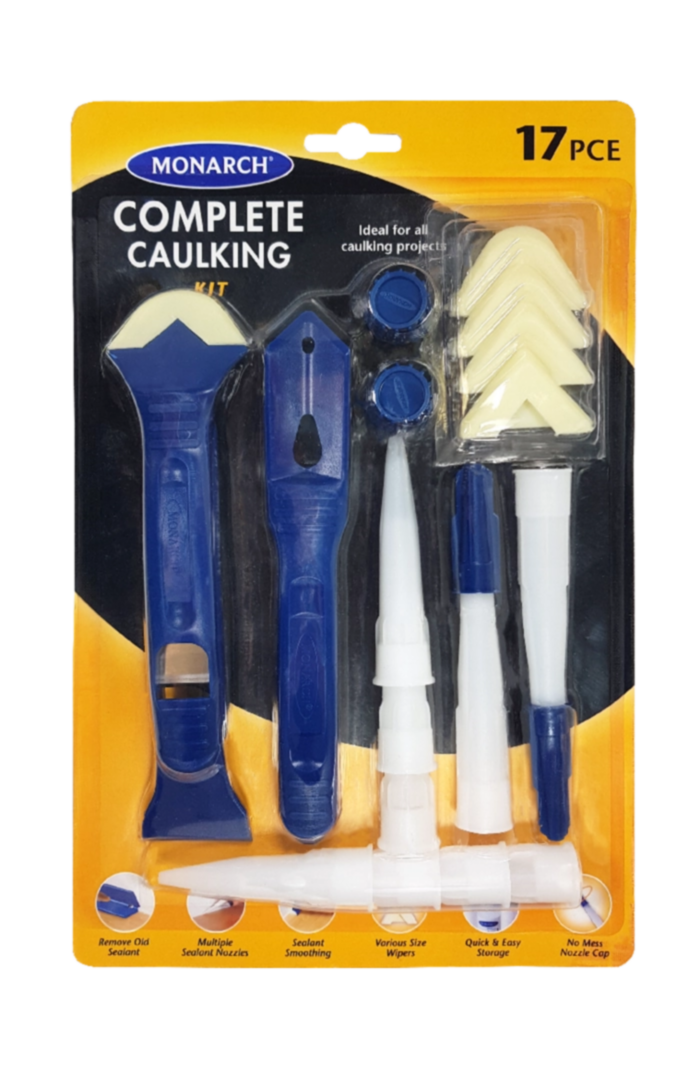 MONARCH 17 Piece Complete Caulking Kit The Monarch 17 Piece Complete Caulking kit contains everything you need for your caulking project. Tools to remove, clean, apply, smooth and store your sealant, all in one handy set. The Monarch Complete Caulking Kit also includes reusable end caps to temporarily store sealants until the next renovation job or repair. Kit includes: 1 x pro caulking tool, 1 x caulk removing tool, 4 x replaceable wipers, 3 x standard nozzles, 2 x resealable nozzles, 4 x compact nozzles, 2 x end caps.
