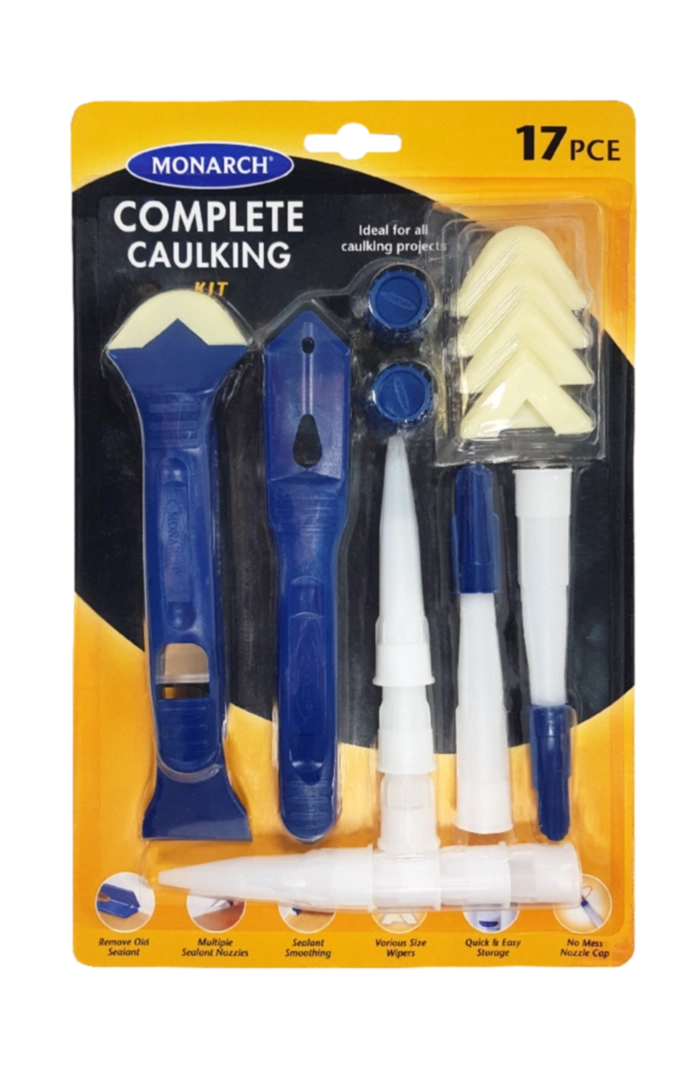 MONARCH 17 Piece Complete Caulking Kit The Monarch 17 Piece Complete Caulking kit contains everything you need for your caulking project. Tools to remove, clean, apply, smooth and store your sealant, all in one handy set. The Monarch Complete Caulking Kit also includes reusable end caps to temporarily store sealants until the next renovation job or repair. Kit includes: 1 x pro caulking tool, 1 x caulk removing tool, 4 x replaceable wipers, 3 x standard nozzles, 2 x resealable nozzles, 4 x compact nozzles, 2 x end caps.