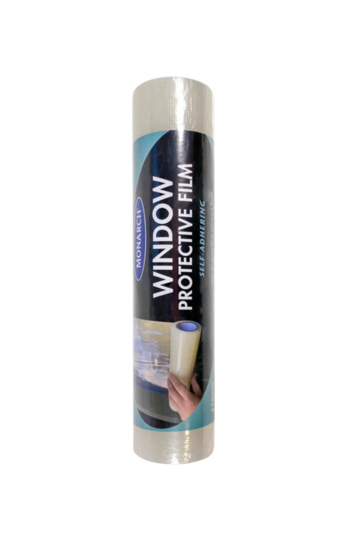 MONARCH Window Protective Film The Monarch Protective Film range are a fast and easy solution for temporary surface protection on hard floors, carpets and windows. Made from a thick, tear-resistant plastic that will protect against dirt debris and paint splatter. The film self-adheres to the surface, preventing movement and slippage, even in high foot traffic areas