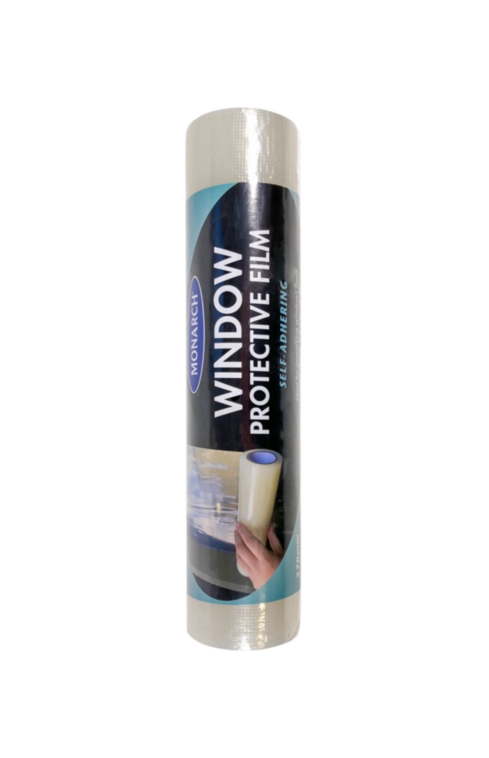 MONARCH Window Protective Film The Monarch Protective Film range are a fast and easy solution for temporary surface protection on hard floors, carpets and windows. Made from a thick, tear-resistant plastic that will protect against dirt debris and paint splatter. The film self-adheres to the surface, preventing movement and slippage, even in high foot traffic areas