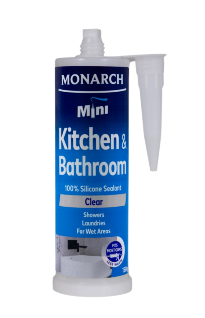 MONARCH Mini Mini Kitchen & Bathroom Silicone – Clear The Monarch Mini silicone is ideal for use in wet areas such as kitchens, bathrooms and laundries. Our unique shaped cartridge is compatible with the Monarch Mini Compact Caulking Gun, allowing you to access those tight spaces where traditional caulking guns cannot. It is perfect for small projects where a traditional cartridge is not required, resulting in less waste. Available in white and translucent.