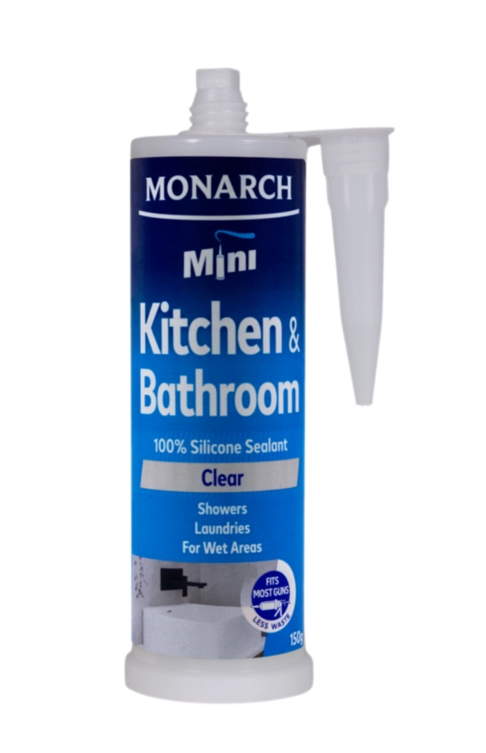 MONARCH Mini Mini Kitchen & Bathroom Silicone – Clear The Monarch Mini silicone is ideal for use in wet areas such as kitchens, bathrooms and laundries. Our unique shaped cartridge is compatible with the Monarch Mini Compact Caulking Gun, allowing you to access those tight spaces where traditional caulking guns cannot. It is perfect for small projects where a traditional cartridge is not required, resulting in less waste. Available in white and translucent.