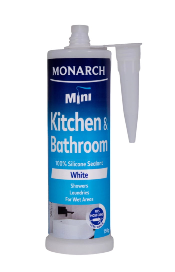 MONARCH Mini Mini Kitchen & Bathroom Silicone – White The Monarch Mini silicone is ideal for use in wet areas such as kitchens, bathrooms and laundries. Our unique shaped cartridge is compatible with the Monarch Mini Compact Caulking Gun, allowing you to access those tight spaces where traditional caulking guns cannot. It is perfect for small projects where a traditional cartridge is not required, resulting in less waste. Available in white and translucent.