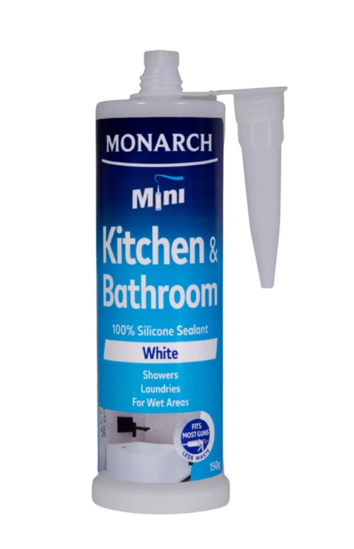 MONARCH Mini Mini Kitchen & Bathroom Silicone – White The Monarch Mini silicone is ideal for use in wet areas such as kitchens, bathrooms and laundries. Our unique shaped cartridge is compatible with the Monarch Mini Compact Caulking Gun, allowing you to access those tight spaces where traditional caulking guns cannot. It is perfect for small projects where a traditional cartridge is not required, resulting in less waste. Available in white and translucent.