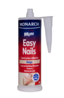 MONARCH Mini Mini Easy Nails Construction Adhesive The Monarch Mini Easy Nails Construction Adhesive is a strong multi-purpose adhesive used for bonding most common building materials, including timber, metal, ceramics and masonry. Our unique shaped cartridge is compatible with the Monarch Mini Compact Caulking Gun, allowing you to access those tight spaces where traditional caulking guns cannot. It is perfect for small projects where a full-size cartridge is not required, resulting in less waste.