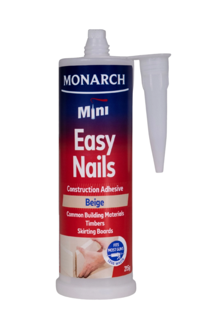 MONARCH Mini Mini Easy Nails Construction Adhesive The Monarch Mini Easy Nails Construction Adhesive is a strong multi-purpose adhesive used for bonding most common building materials, including timber, metal, ceramics and masonry. Our unique shaped cartridge is compatible with the Monarch Mini Compact Caulking Gun, allowing you to access those tight spaces where traditional caulking guns cannot. It is perfect for small projects where a full-size cartridge is not required, resulting in less waste.