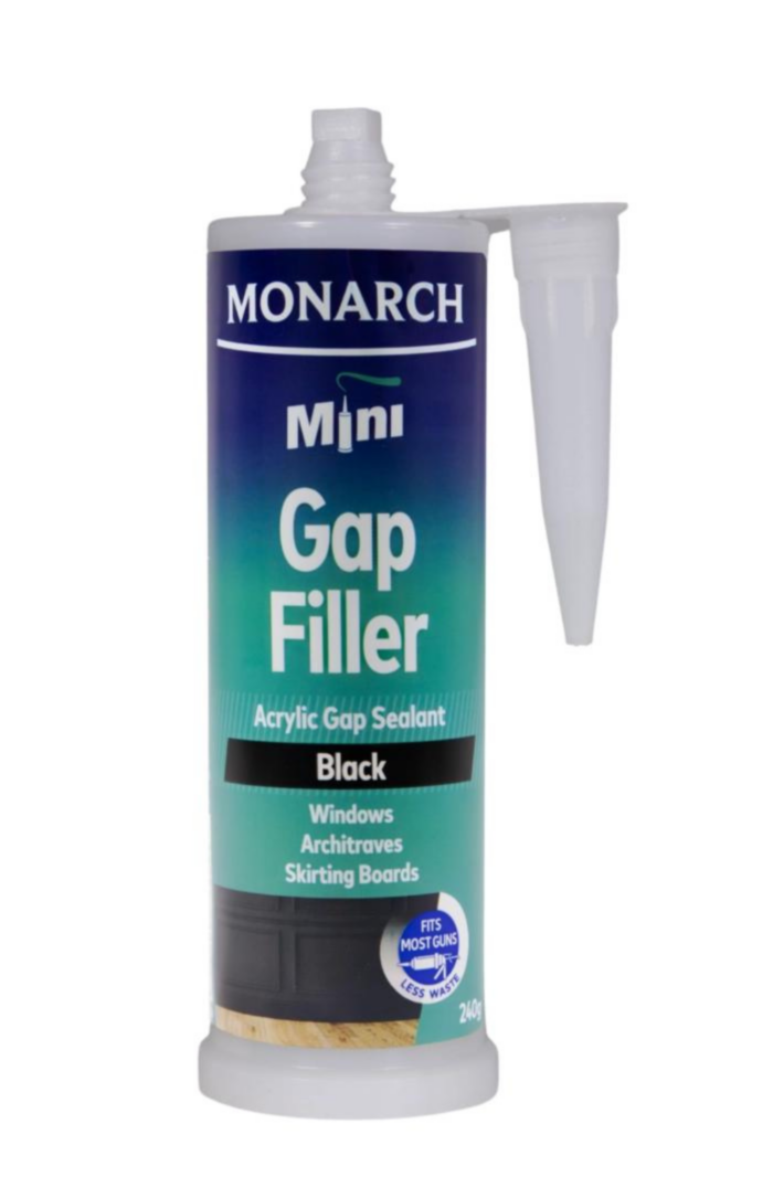 MONARCH Mini Mini Gap Filler – Black The Monarch Mini Gap Filler is a flexible, multi-purpose acrylic sealant designed to fill small gaps and joins where colour matching is required. Our unique shaped cartridge is compatible with the Monarch Mini Compact Caulking Gun, allowing you to access those tight spaces where traditional caulking guns cannot. It is perfect for small projects where a full-size cartridge is not required, resulting in less waste. Available in black, brown and cream.