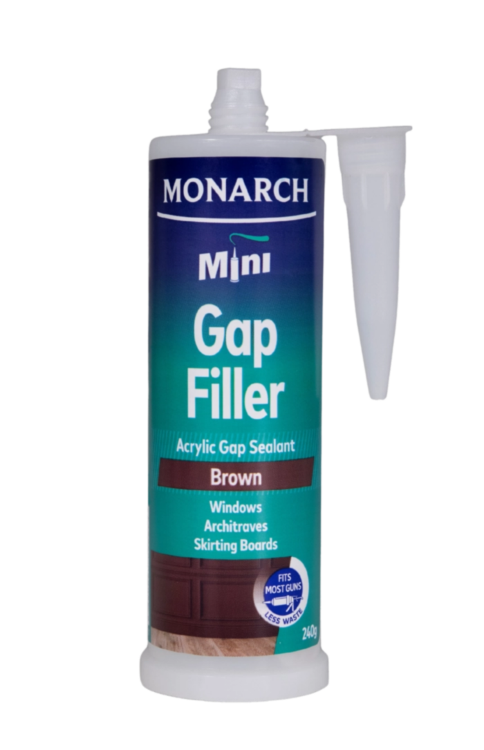 MONARCH Mini Mini Gap Filler – Brown The Monarch Mini Gap Filler is a flexible, multi-purpose acrylic sealant designed to fill small gaps and joins where colour matching is required. Our unique shaped cartridge is compatible with the Monarch Mini Compact Caulking Gun, allowing you to access those tight spaces where traditional caulking guns cannot. It is perfect for small projects where a full-size cartridge is not required, resulting in less waste. Available in black, brown and cream.