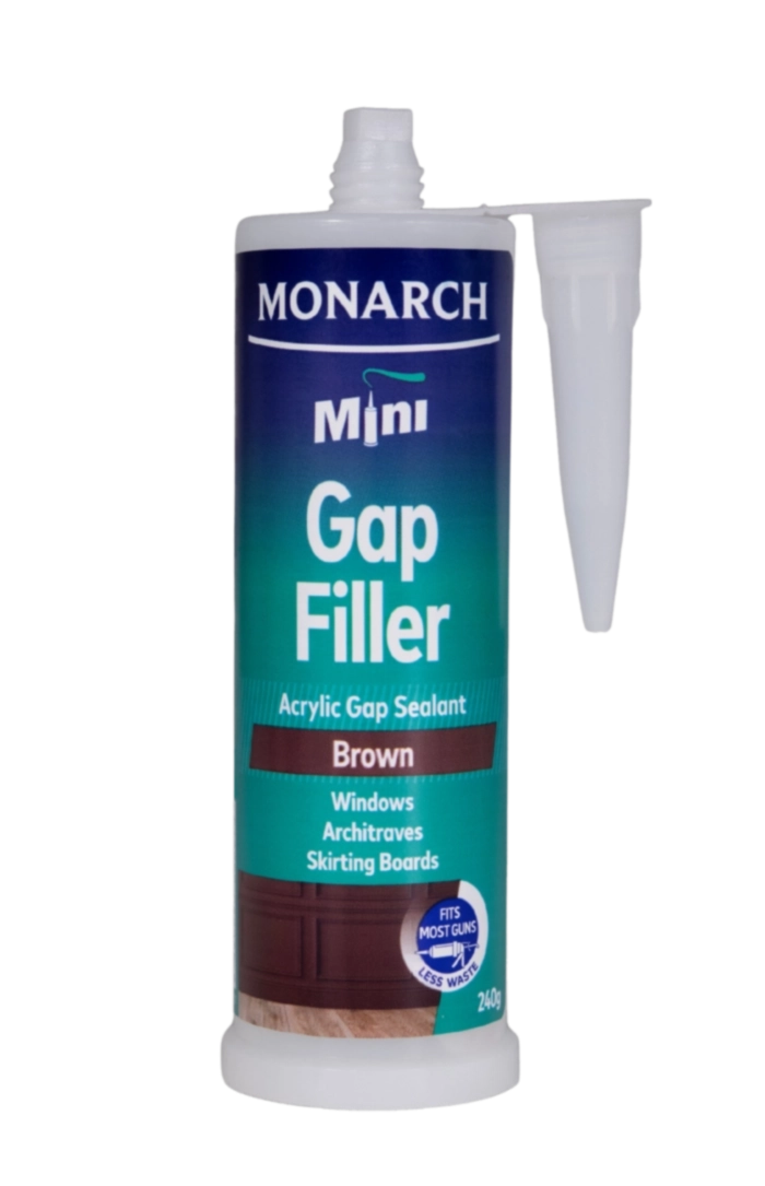 MONARCH Mini Mini Gap Filler – Brown The Monarch Mini Gap Filler is a flexible, multi-purpose acrylic sealant designed to fill small gaps and joins where colour matching is required. Our unique shaped cartridge is compatible with the Monarch Mini Compact Caulking Gun, allowing you to access those tight spaces where traditional caulking guns cannot. It is perfect for small projects where a full-size cartridge is not required, resulting in less waste. Available in black, brown and cream.