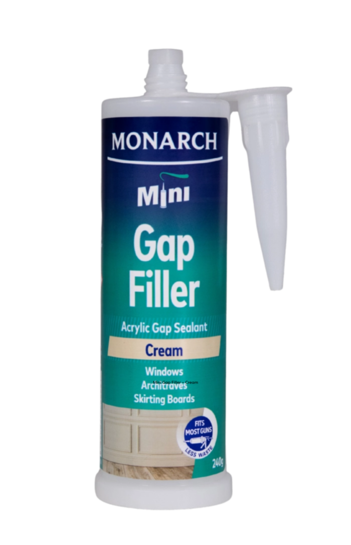 MONARCH Mini Mini Gap Filler – Cream The Monarch Mini Gap Filler is a flexible, multi-purpose acrylic sealant designed to fill small gaps and joins where colour matching is required. Our unique shaped cartridge is compatible with the Monarch Mini Compact Caulking Gun, allowing you to access those tight spaces where traditional caulking guns cannot. It is perfect for small projects where a full-size cartridge is not required, resulting in less waste. Available in black, brown and cream.