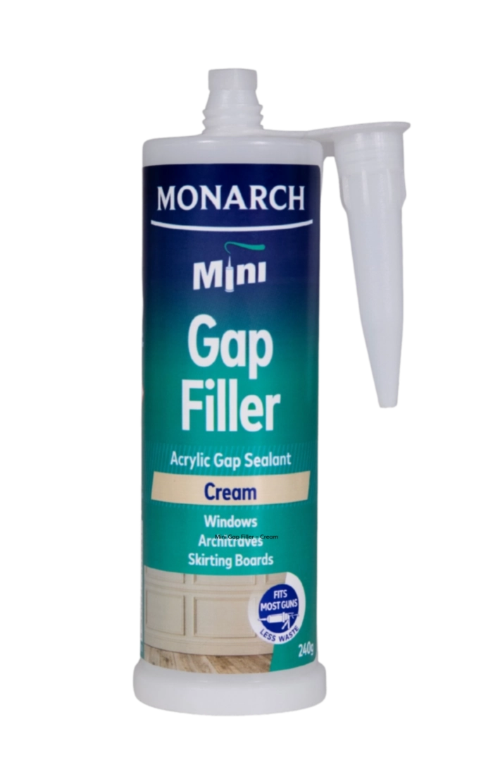 MONARCH Mini Mini Gap Filler – Cream The Monarch Mini Gap Filler is a flexible, multi-purpose acrylic sealant designed to fill small gaps and joins where colour matching is required. Our unique shaped cartridge is compatible with the Monarch Mini Compact Caulking Gun, allowing you to access those tight spaces where traditional caulking guns cannot. It is perfect for small projects where a full-size cartridge is not required, resulting in less waste. Available in black, brown and cream.