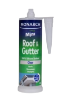 MONARCH Mini Mini Roof & Gutter Silicone – Clear The Monarch Mini Roof & Gutter silicone is ideal for use in all roofing and outdoor applications. It is suitable for use with a variety of materials sock as metal, brick, galvanised iron, tiles and aluminium. Our unique shaped cartridge is compatible with the Monarch Mini Compact Caulking Gun, allowing you to access those tight spaces where traditional caulking guns cannot. It is perfect for small projects such as repairing gutters, roofs and downpipes where a full-size cartridge is not required, resulting in less waste. Available in black and translucent.