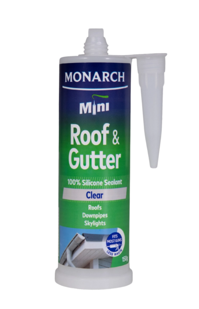 MONARCH Mini Mini Roof & Gutter Silicone – Clear The Monarch Mini Roof & Gutter silicone is ideal for use in all roofing and outdoor applications. It is suitable for use with a variety of materials sock as metal, brick, galvanised iron, tiles and aluminium. Our unique shaped cartridge is compatible with the Monarch Mini Compact Caulking Gun, allowing you to access those tight spaces where traditional caulking guns cannot. It is perfect for small projects such as repairing gutters, roofs and downpipes where a full-size cartridge is not required, resulting in less waste. Available in black and translucent.